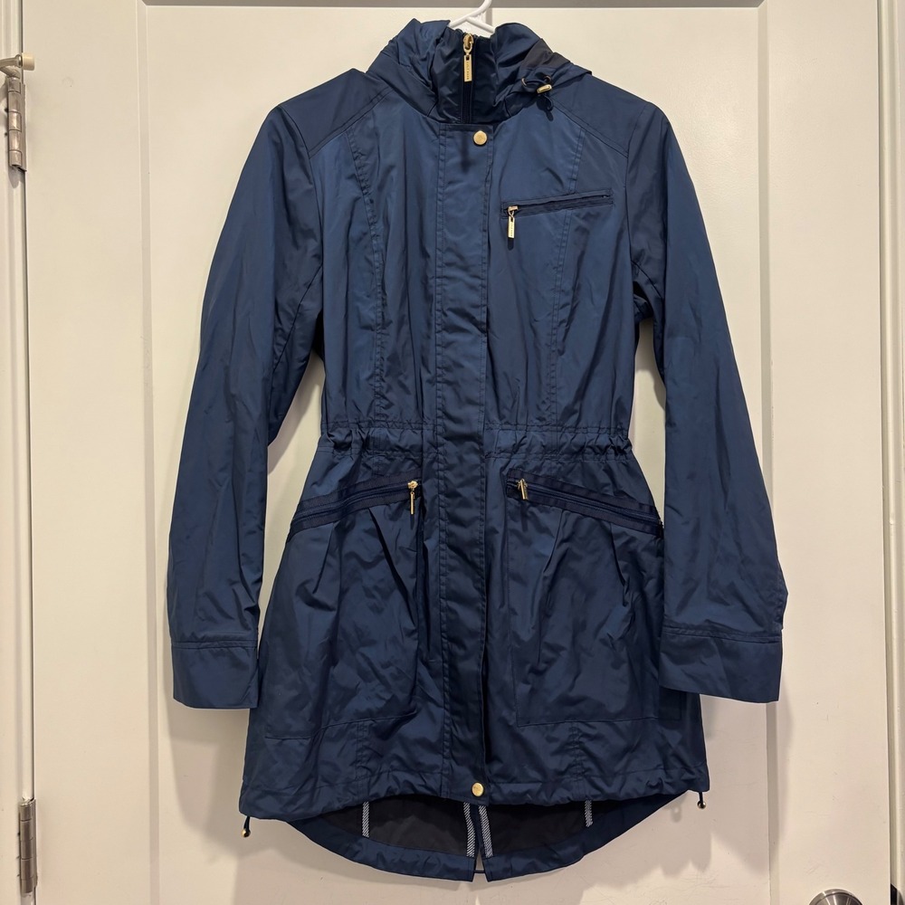 Cole Haan Womens Navy Blue Hooded Rain Jacket Anorak Gold Hardware Small